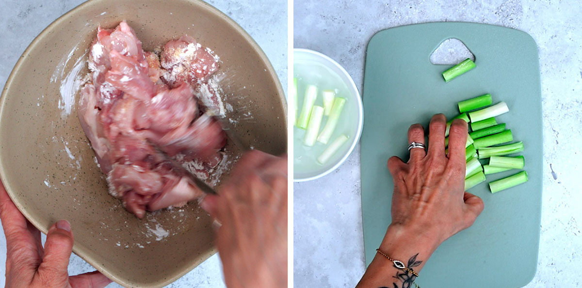Split image: Left side shows a hand mixing raw chicken pieces with flour in a bowl. Right side shows a hand chopping green onions on a cutting board next to a bowl of green onion pieces.