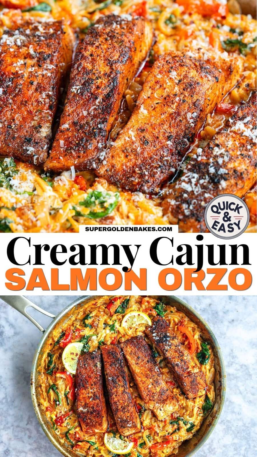 Close-up of seared Cajun Salmon Orzo, featuring salmon fillets atop creamy orzo with spinach, tomatoes, and red peppers in a skillet. Text overlay reads Creamy Cajun Salmon Orzo.