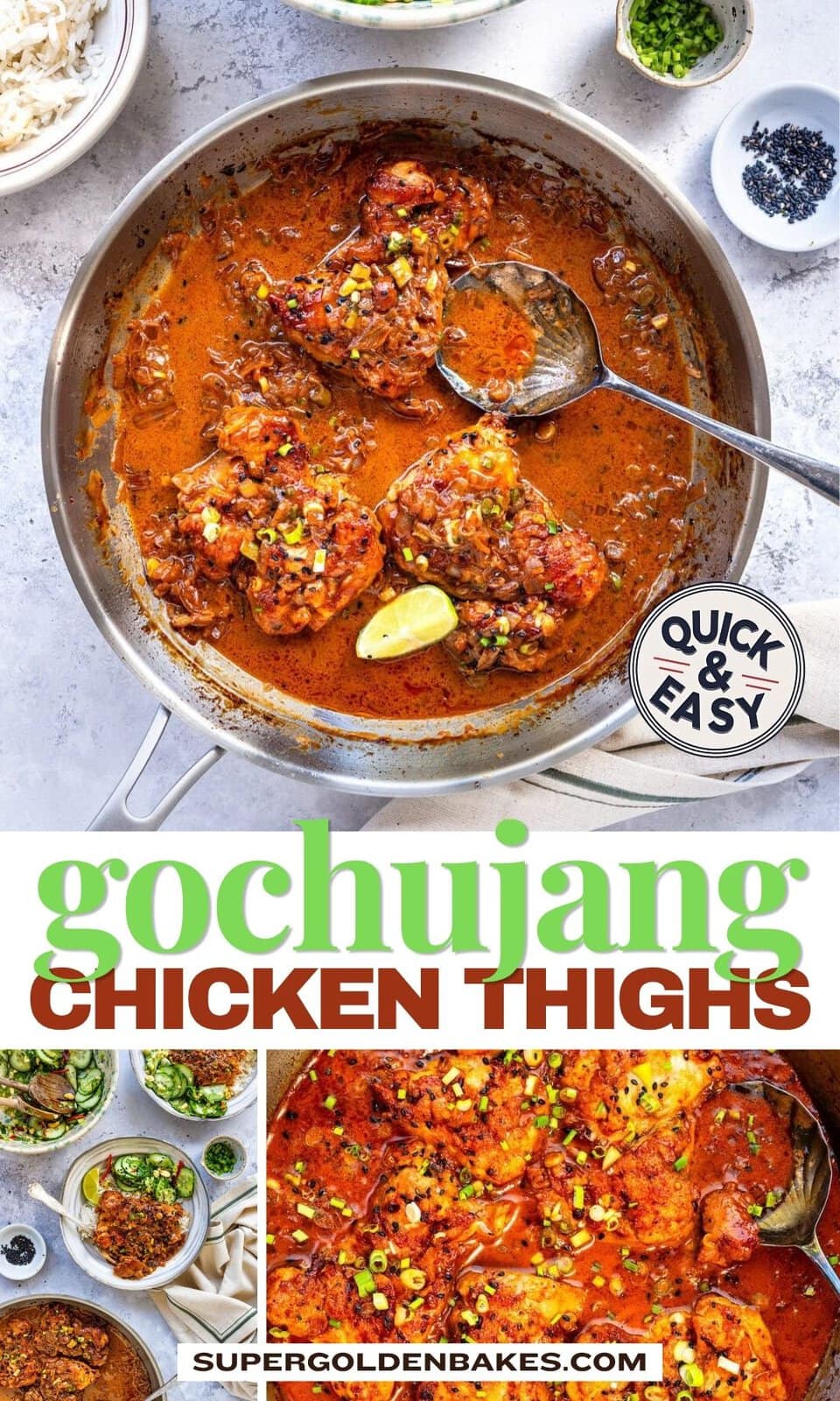 Overhead view of Gochujang Chicken Thighs in a skillet with savory sauce, garnished with green onions. Bowls of rice and toppings surround the dish. Text reads Quick & Easy Gochujang Chicken Thighs.