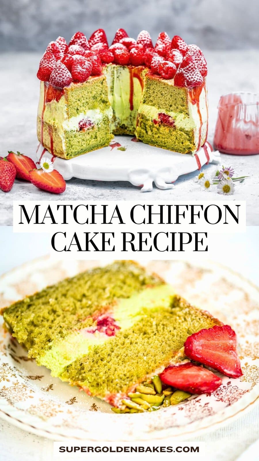 A sliced Matcha Cake topped with strawberries and glaze sits beside fresh strawberries and a pink drink. On a plate below, a slice of this Matcha Chiffon Cake Recipe is garnished with pistachios and sliced strawberries.