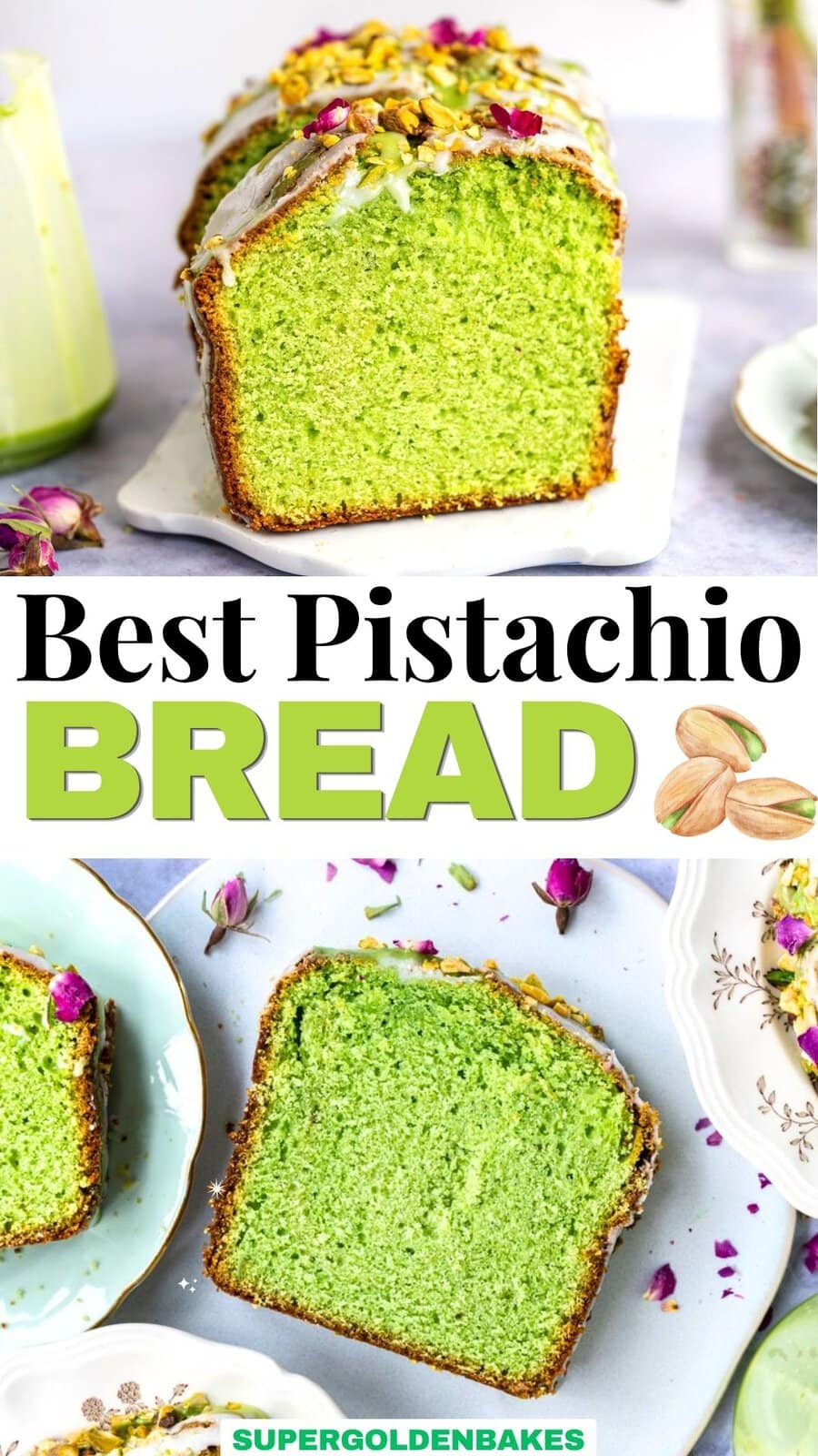 A Pistachio Loaf Cake with a green crumb and white icing, topped with chopped pistachios, is sliced on a plate. The text reads Best Pistachio Bread. Plates with slices of this delicious bread surround the loaf.