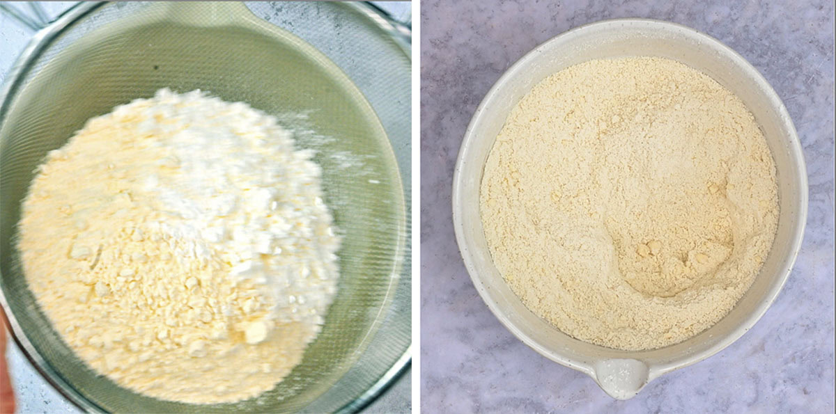 Side-by-side images: on the left, flour is being sifted into a bowl through a sieve; on the right, the sifted flour is shown evenly mixed with butter in a white mixing bowl on a gray countertop.