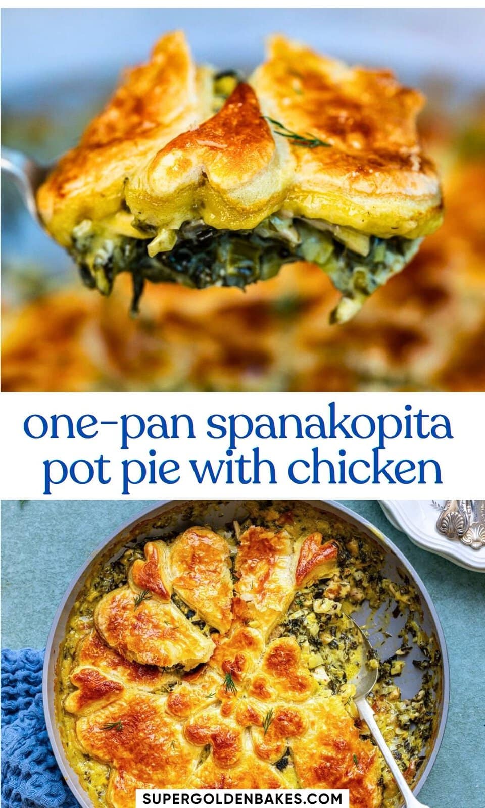 A golden, flaky Spanakopita Pot Pie in a pan, with a serving on a spoon showing the creamy spinach, feta, and chicken filling beneath the puff pastry topping—a delicious twist on classic Chicken Pot Pie With Spinach and Feta.