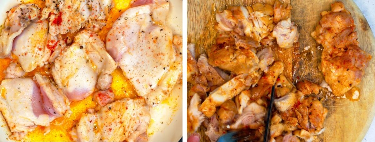 Raw, seasoned chicken pieces in a pan on the left; cooked, chopped chicken pieces on a wooden cutting board with a fork on the right.