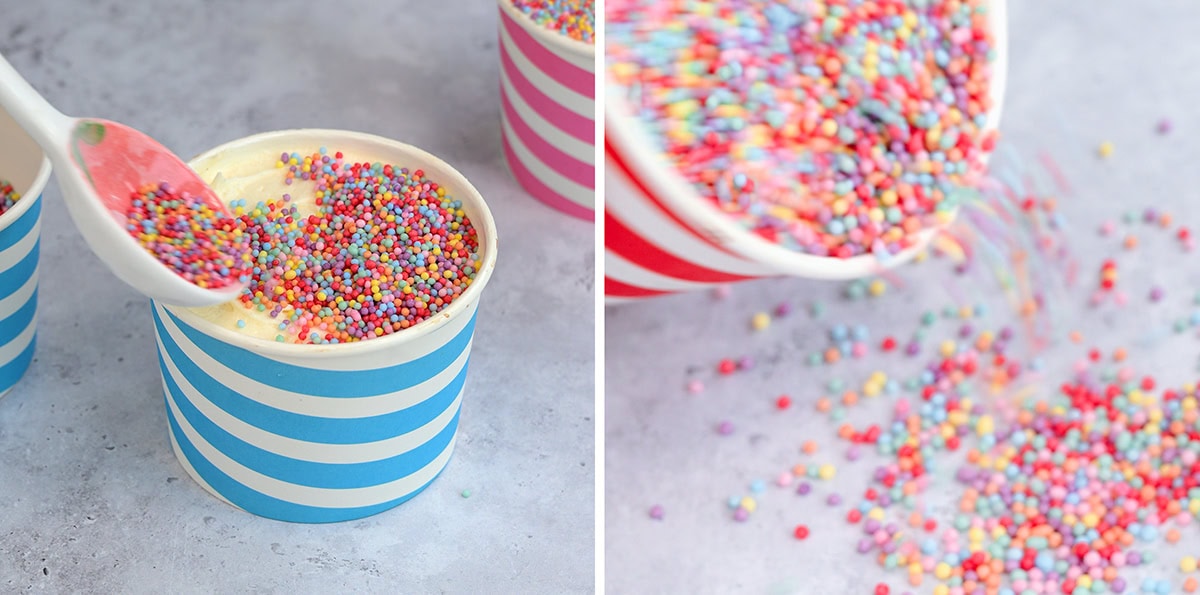 Two images: On the left, a blue-striped cup of ice cream is topped with colorful round sprinkles; on the right, sprinkles spill from a pink-striped cup onto a gray surface.