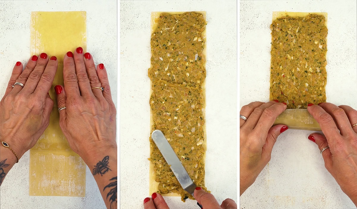 Three panels show hands preparing pasta: laying out a pasta sheet, spreading a seasoned filling, then rolling it up. The hands have red nail polish, rings, and a tattoo of a butterfly on one wrist.