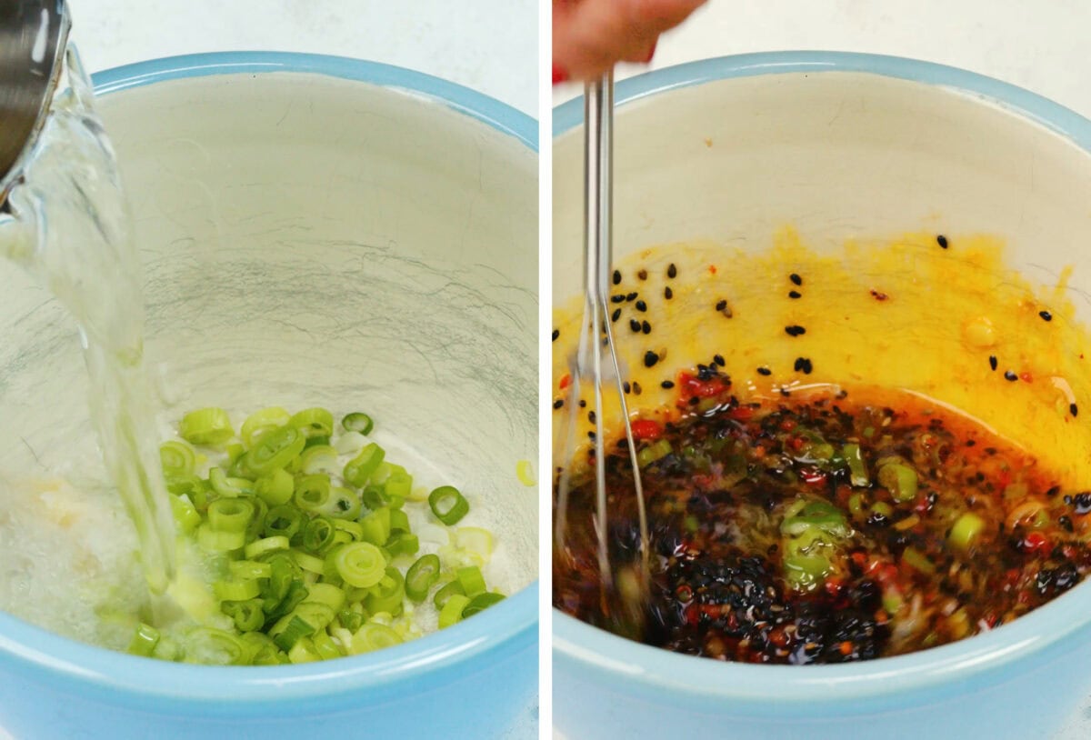 A split image shows green onions and liquid being poured into a bowl on the left, and a hand whisking a mixture of sauce, green onions, and spices in the same bowl on the right.
