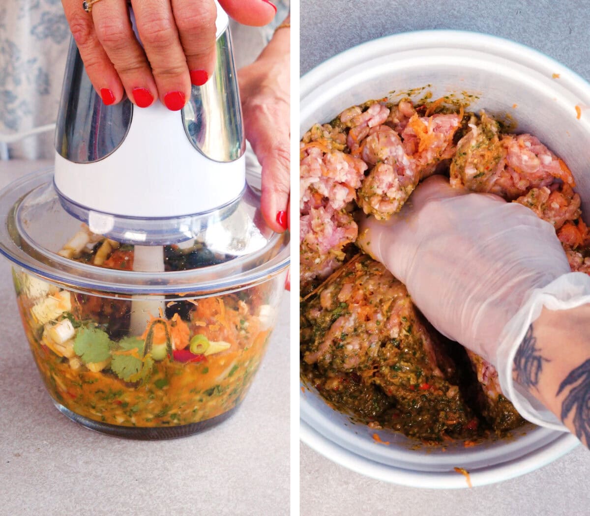 Split image: Left side shows a hand using a food processor to blend fresh herbs and ingredients; right side shows a gloved hand mixing seasoned ground meat in a bowl.