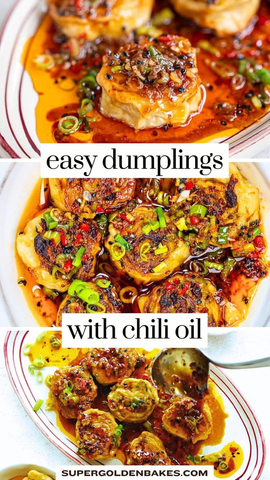 Close-up images of delicious dumplings topped with chopped green onions and a generous amount of spicy chili oil, displayed on white plates with red rims. Text overlay reads: easy dumplings with chili oil.