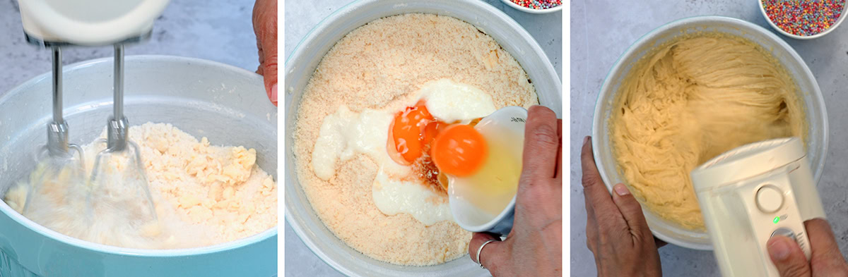 Three photos show steps of cake batter preparation: first, an electric mixer blends ingredients; second, eggs and liquid are poured into a bowl of dry mix; third, a hand mixer blends smooth batter in a bowl.