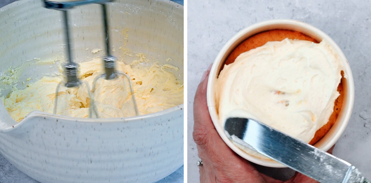 Split image: On the left, an electric mixer whips creamy frosting in a white bowl. On the right, a hand spreads the frosting onto a cupcake with a spatula.