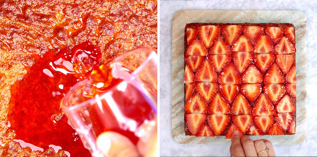 Close-up of syrup being poured on a cake (left). On the right, a hand touches a square strawberry tart with neatly arranged sliced strawberries on top, cut into pieces on a marble surface.