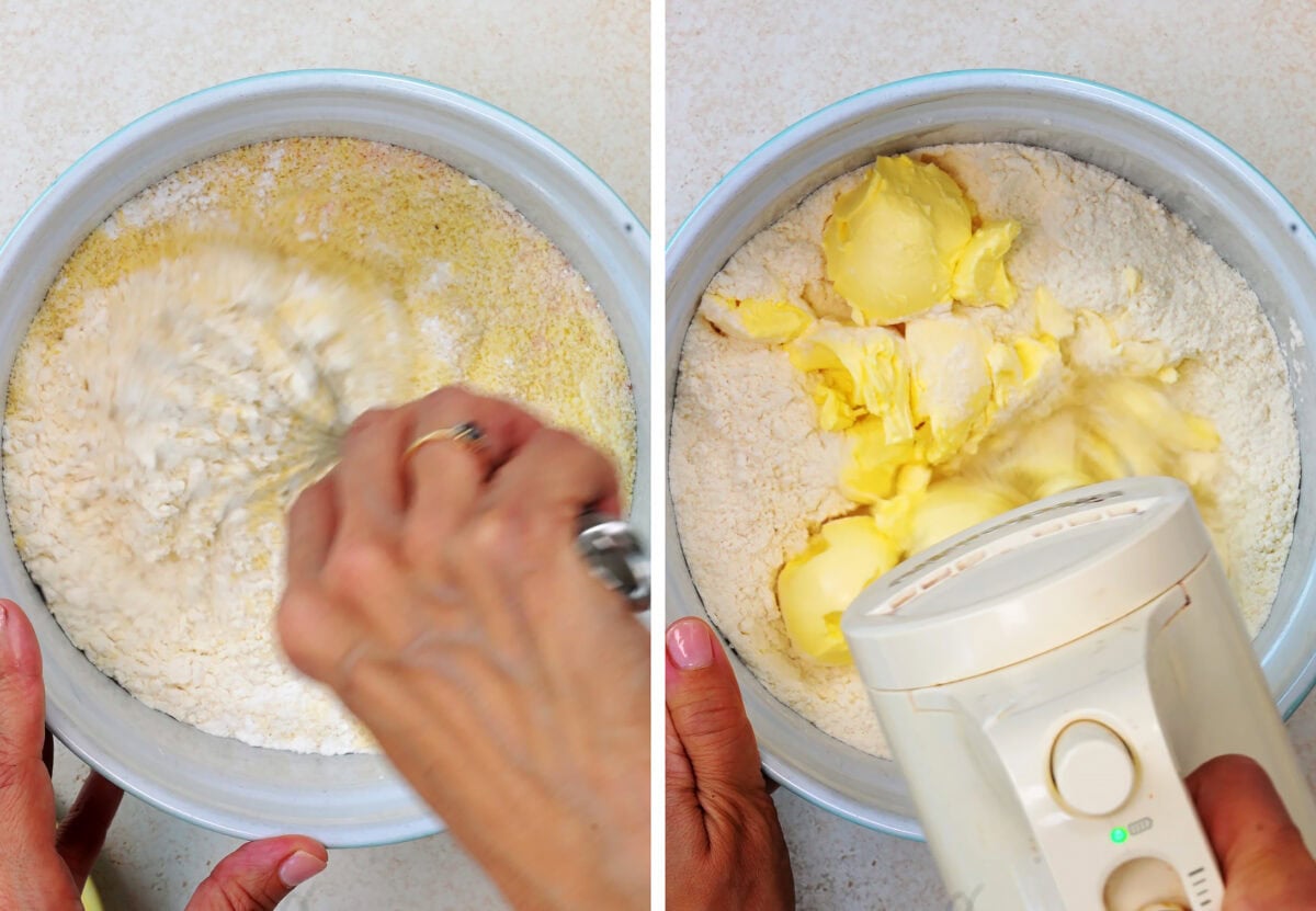 Side-by-side images: One shows a hand mixing flour in a bowl; the other shows butter and flour being blended with a hand mixer in a similar bowl.