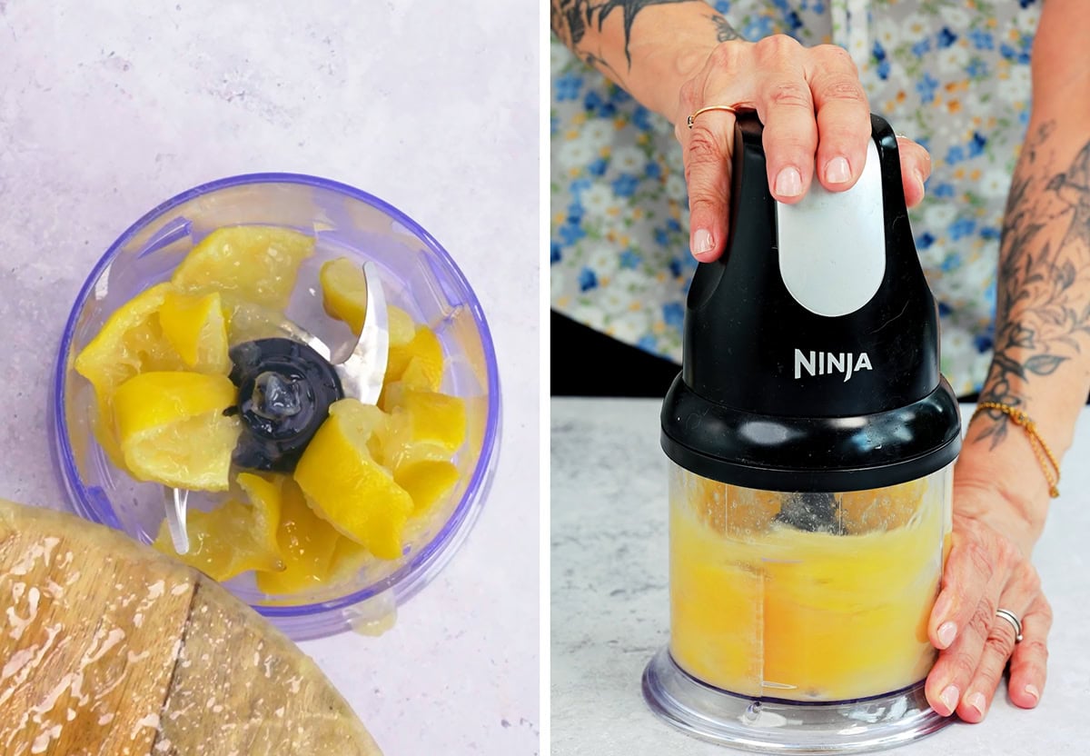 Left: boiled lemon chunks in a mini blender cup. Right: A person with tattoos holds down a Ninja blender while blending the lemons, seen from above.