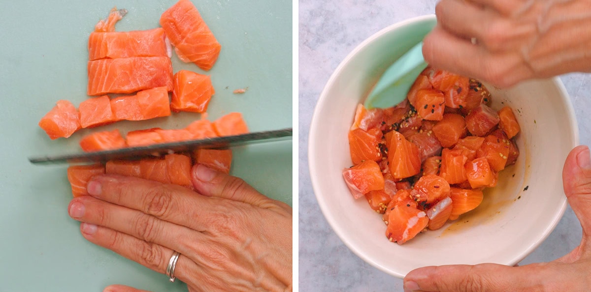 Left: A hand slices raw salmon into cubes on a cutting board. Right: Marinated salmon cubes are stirred in a bowl with a spoon.