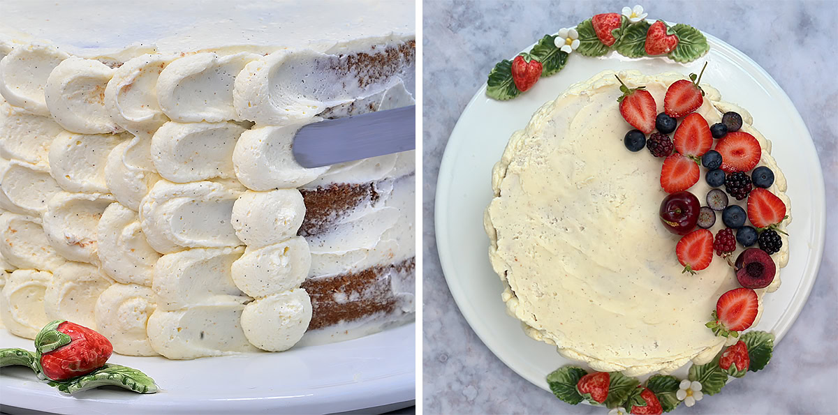 A cake is being frosted with vanilla icing on the left. On the right, the finished cake is topped with berries and leaves, viewed from above.