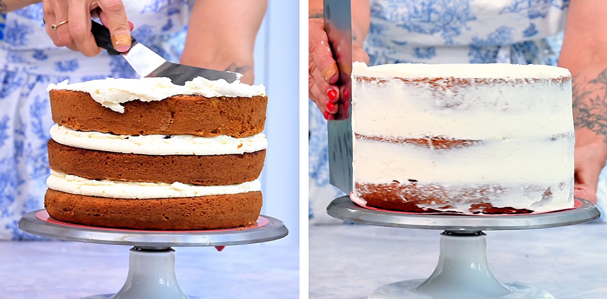 Two photos side by side: one shows a person assembling a Berry Chantilly Cake with layers of frosting, and the other shows the same cake being given a thin, smooth layer of frosting on a cake stand.