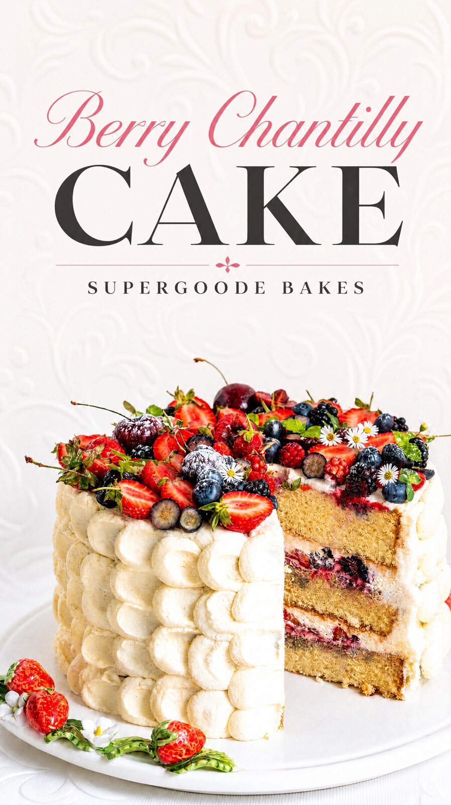 A layered Chantilly Cake filled with fresh berries and vanilla frosting, topped with more berries and small flowers. One slice is cut out and placed in front. Text above the cake reads Berry Chantilly Cake - Supergoode Bakes.