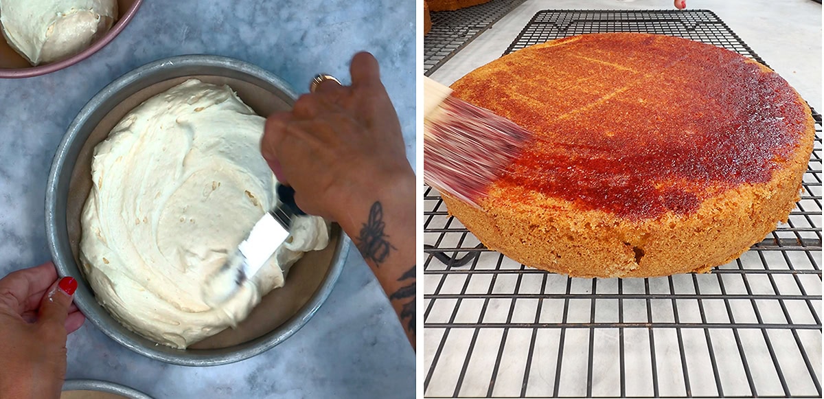 Split image: Left, a person spreads cake batter in a round pan. Right, a cooled round cake is brushed with syrup on a wire rack. Both images show baking preparations on a marble surface.