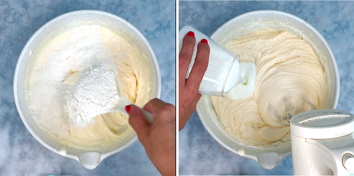 Two side-by-side images show a person preparing a Chantilly cake: on the left, folding flour into vanilla sponge batter with a spatula; on the right, pouring milk into the bowl while using a hand mixer.