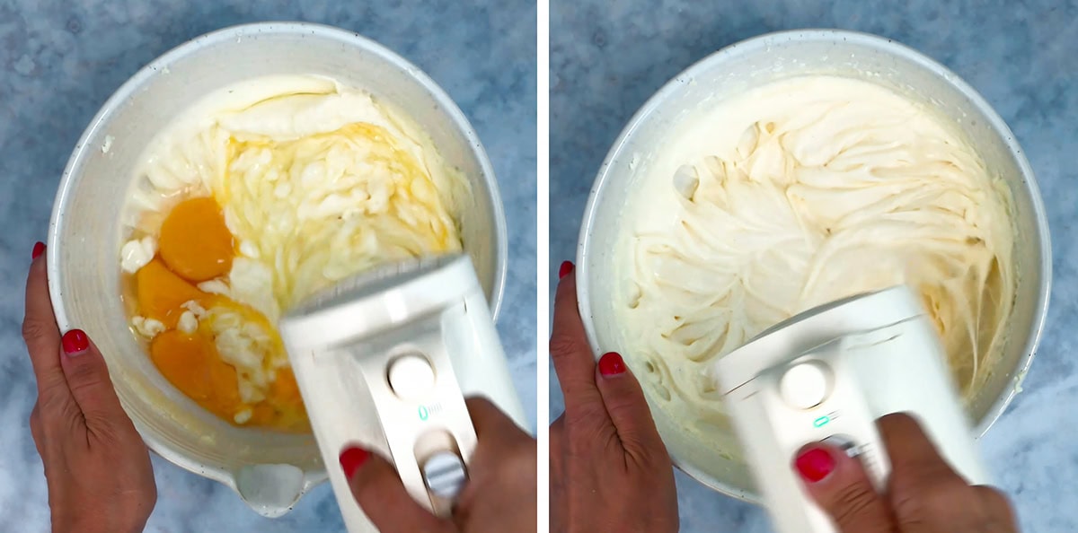 Two side-by-side images show hands using a hand mixer to blend eggs and batter in a bowl on the left, and the fully mixed creamy batter on the right.