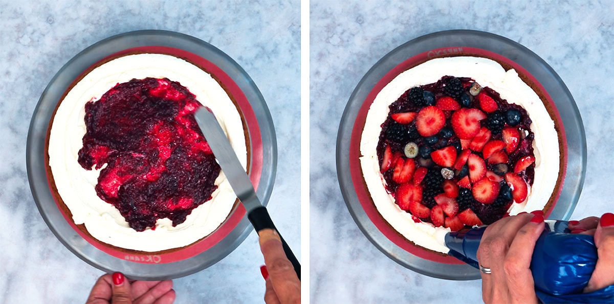 Two images show a Chantilly cake with berries being decorated: on the left, berry sauce is spread on top; on the right, fresh berries are added, and whipped cream is being piped along the edge.
