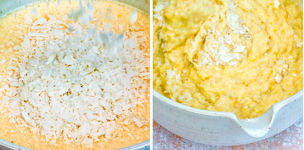 A split image showing shredded coconut being added to a yellow batter on the left, and the batter mixed together in a white bowl on the right.
