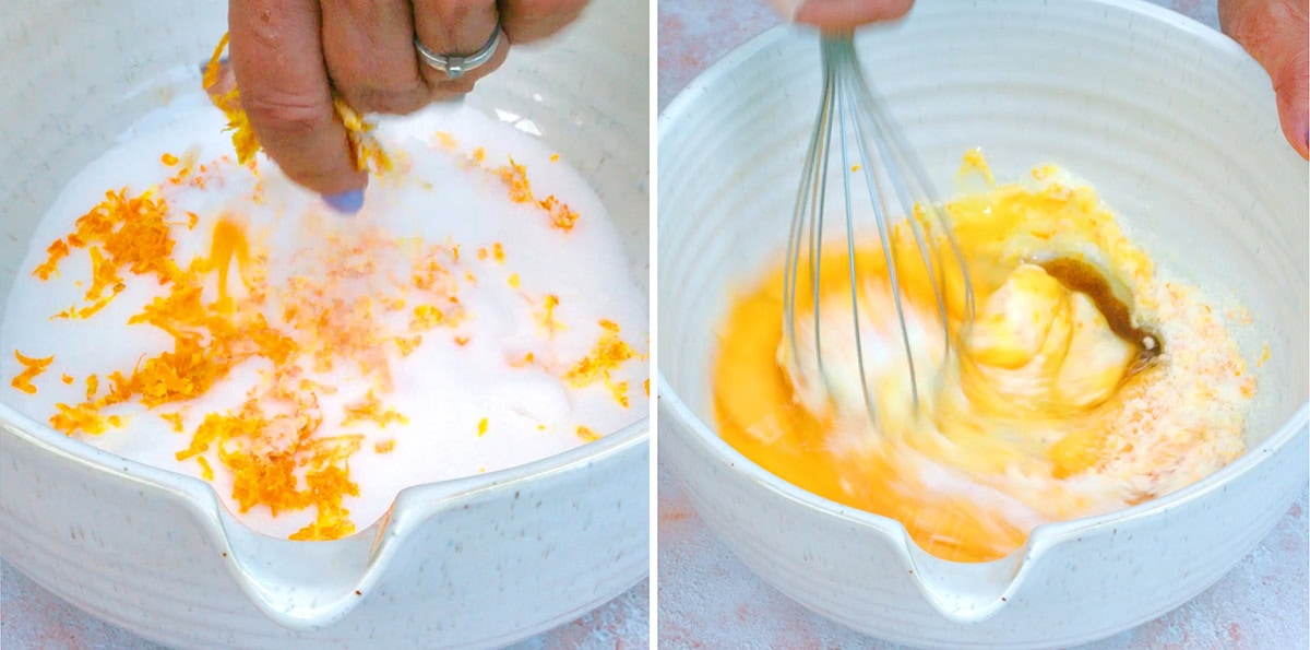 Two images: a hand adds orange zest to sugar in a bowl (left); ingredients including eggs and vanilla being whisked together in a bowl (right).