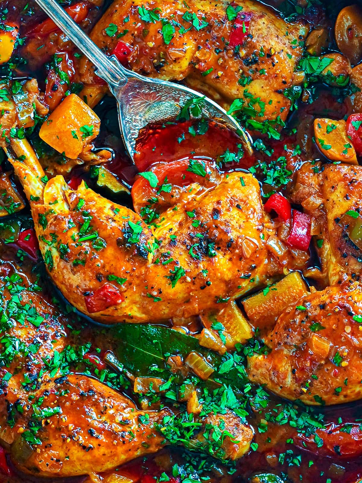 Close-up of cooked chicken legs in a rich tomato-based sauce with chopped bell peppers, herbs, and vegetables, garnished with fresh parsley. A spoon rests in the dish, ready to serve.