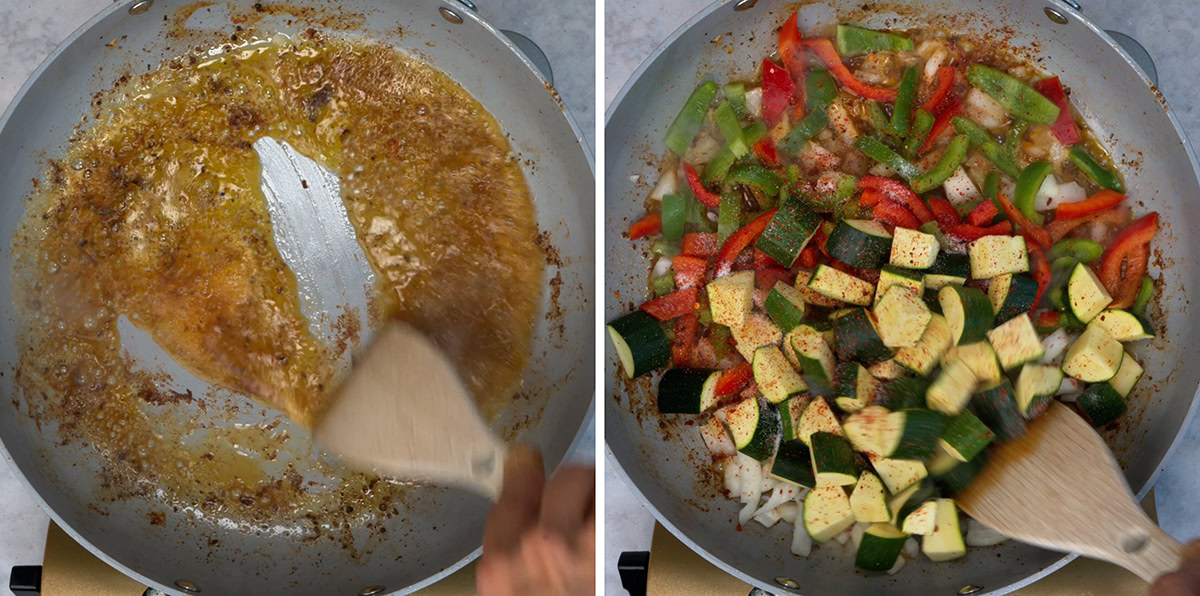 Split image: Left shows garlic and spices sautéing in oil in a pan; right shows chopped zucchini, red and green bell peppers being stirred into the same pan.