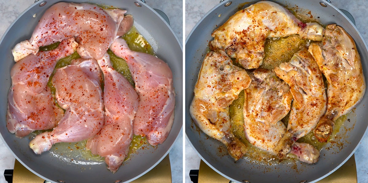 Side-by-side images show raw chicken legs sprinkled with seasoning in a pan on the left, and the same chicken partially cooked and browned in the same pan on the right.