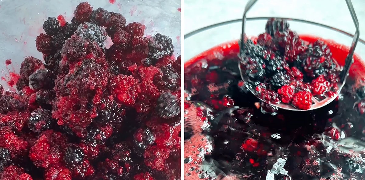 Left: A bowl of fresh mulberries coated in sugar, ready to be transformed into homemade creme de mure. Right: blackberries and red wine being mashed in a bowl with a metal masher, releasing their vibrant red juice—the first step in crafting your own delicious homemade creme de mure.