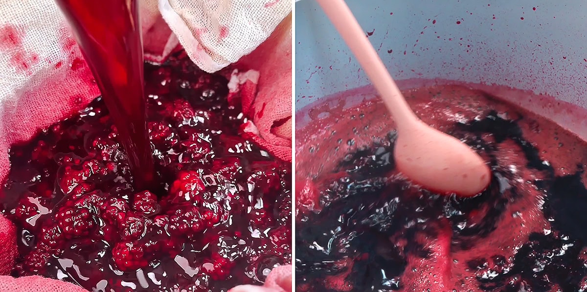 Left: Dark red liquid being poured over crushed berries in a cloth. Right: A pink spoon stirs a foamy, dark red mixture in a pot. Both images show steps in making blackberry liqueur or berry syrup.