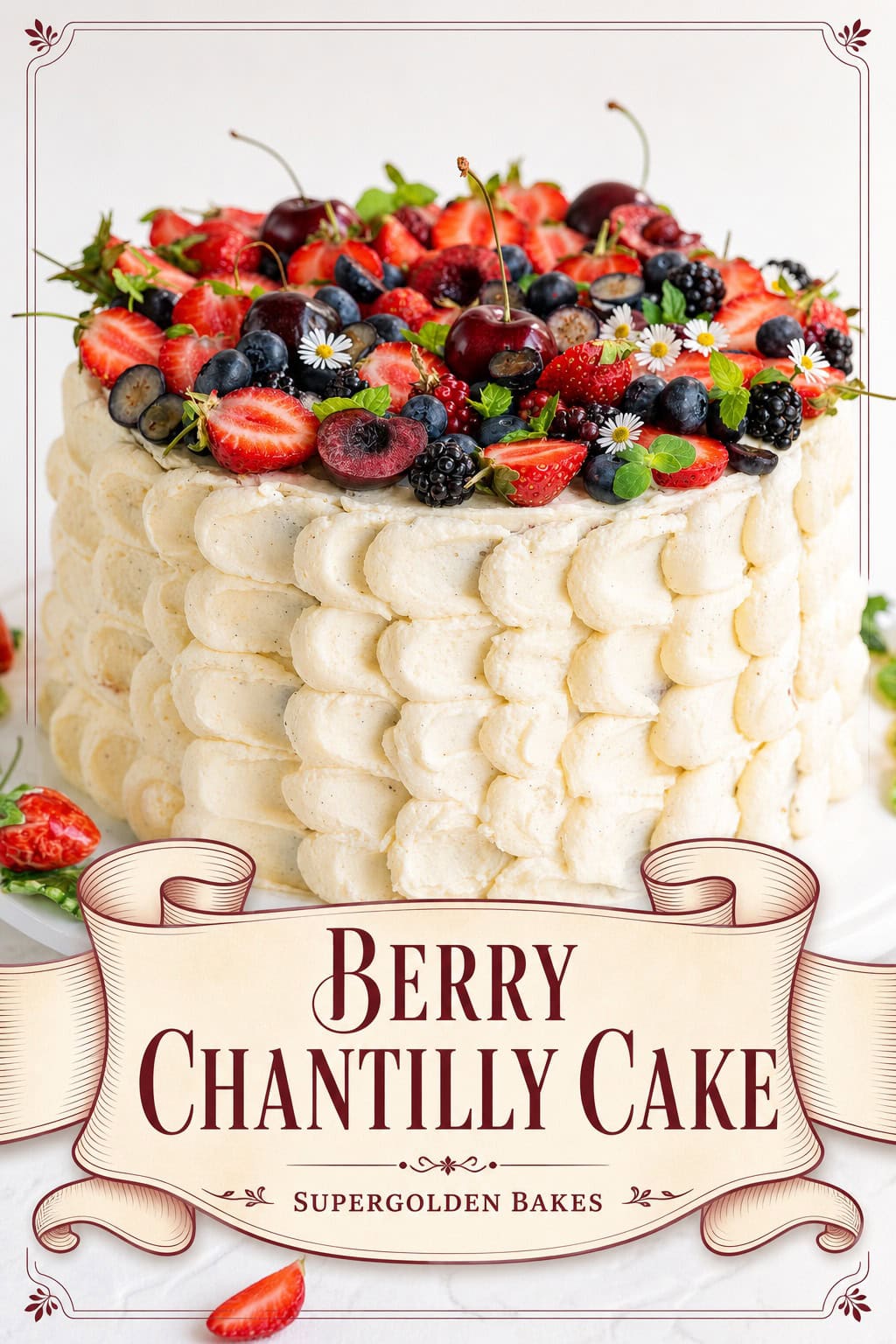 A tall Chantilly Cake, layered and topped with fresh berries and flowers, is beautifully decorated with white piped frosting. Text on a ribbon reads Berry Chantilly Cake and Supergolden Bakes.