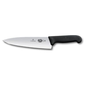 Victorinox Fibrox Pro 8-inch chef’s knife with a black handle, on a white background.