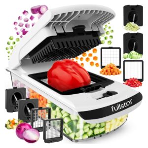 Fullstar vegetable chopper with interchangeable blades and container, on a white background.