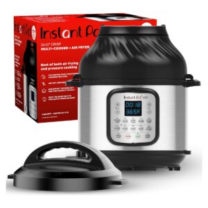Stainless steel Instant Pot Duo Crisp pressure cooker with its air fryer lid, on a white background.