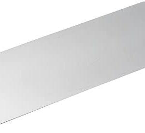 A rectangular stainless steel dough scraper with one rounded corner and one straight, beveled edge, placed on a white background.