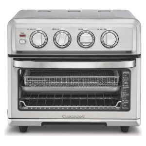 Stainless steel Cuisinart air fryer toaster oven with glass door, on a white background.