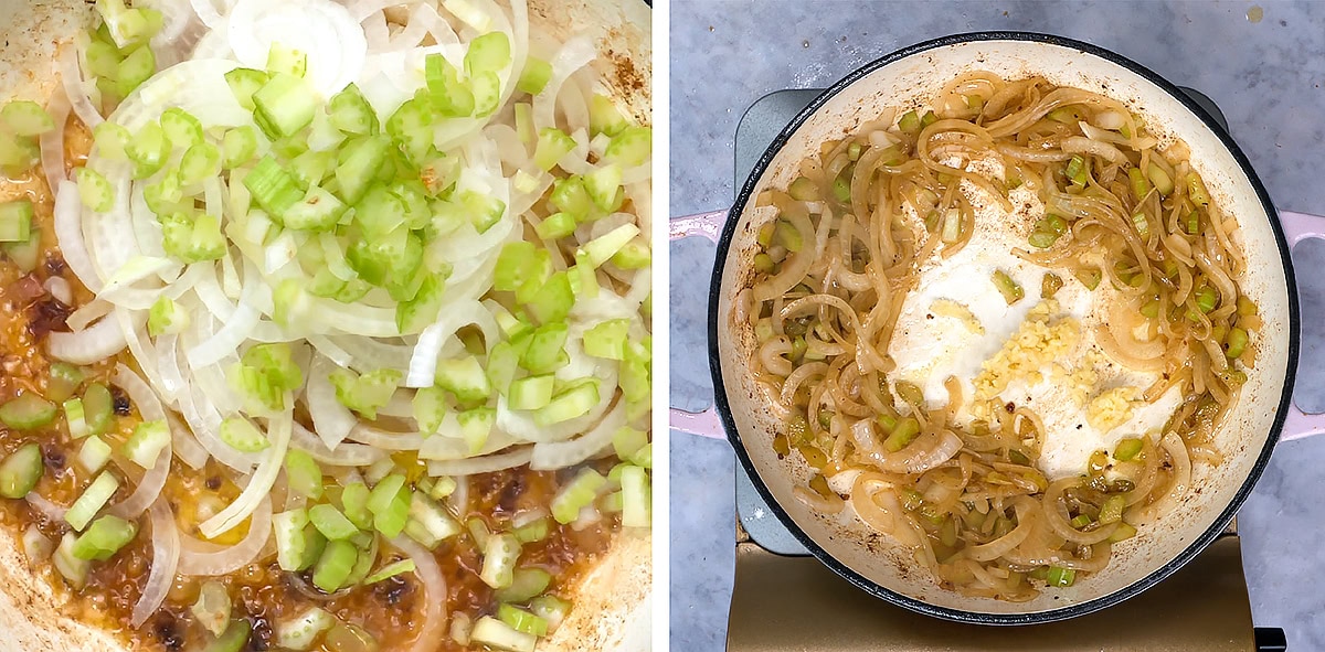 Two images: left shows sliced onions and chopped celery in a pan with browned bits; right shows the onions and celery cooked down and softened in a round, enameled pot on a stovetop.