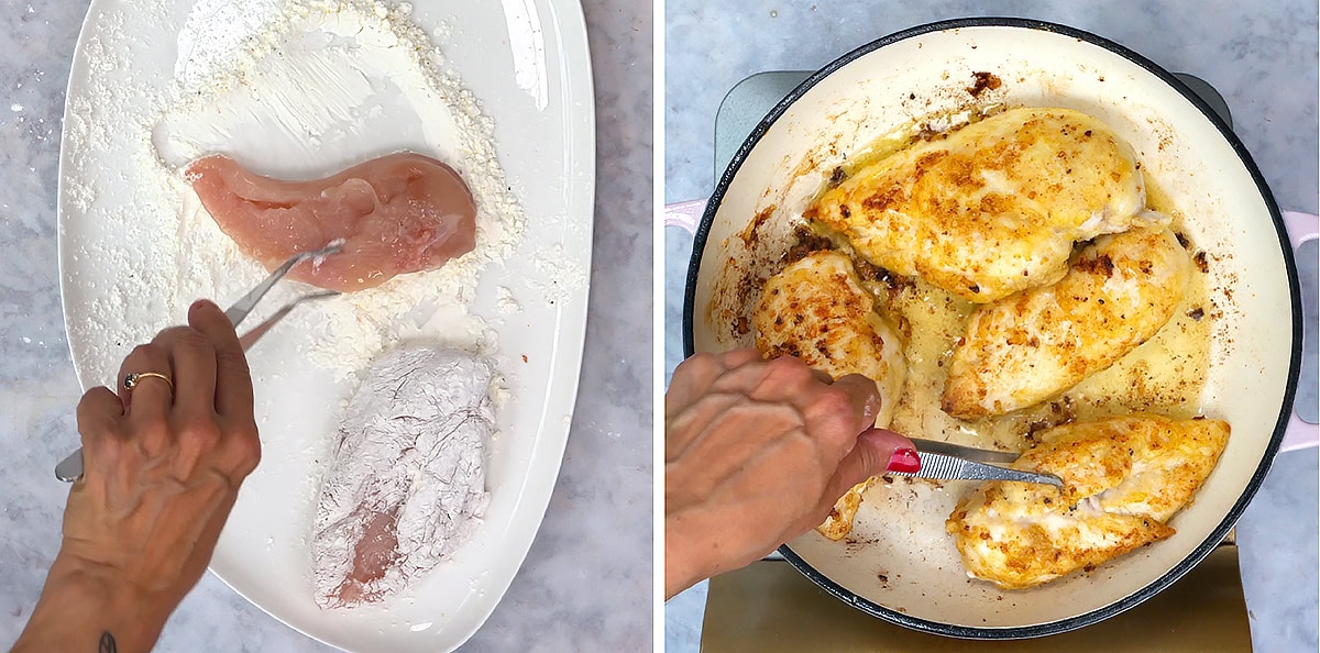 On the left, a hand coats raw chicken breast in cornstarch. On the right, a hand uses tongs to cook browned, flour-coated chicken breasts in a white skillet.