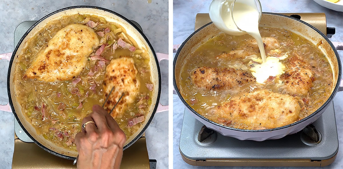 Two images: Left, a hand stirs chicken breasts in a pan with sauce and ham. Right, cream is poured into the same pan with chicken and sauce, still cooking on the stove.