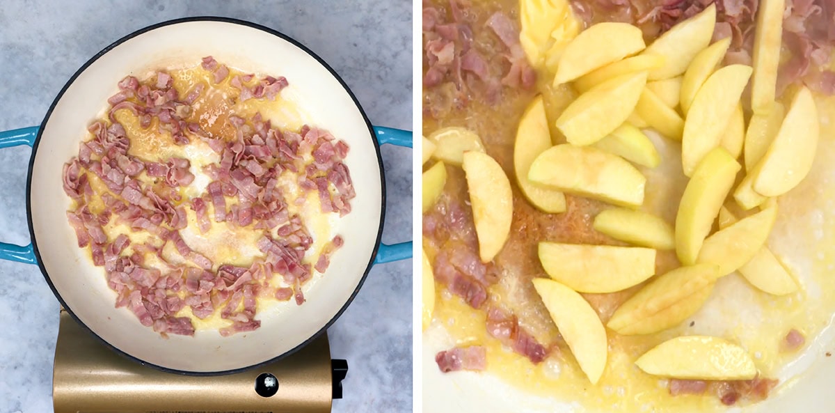Left: Chopped bacon cooking in a light-colored pan. Right: Sliced apples added to the bacon and liquid in the same pan, showing the start of the mixing process.