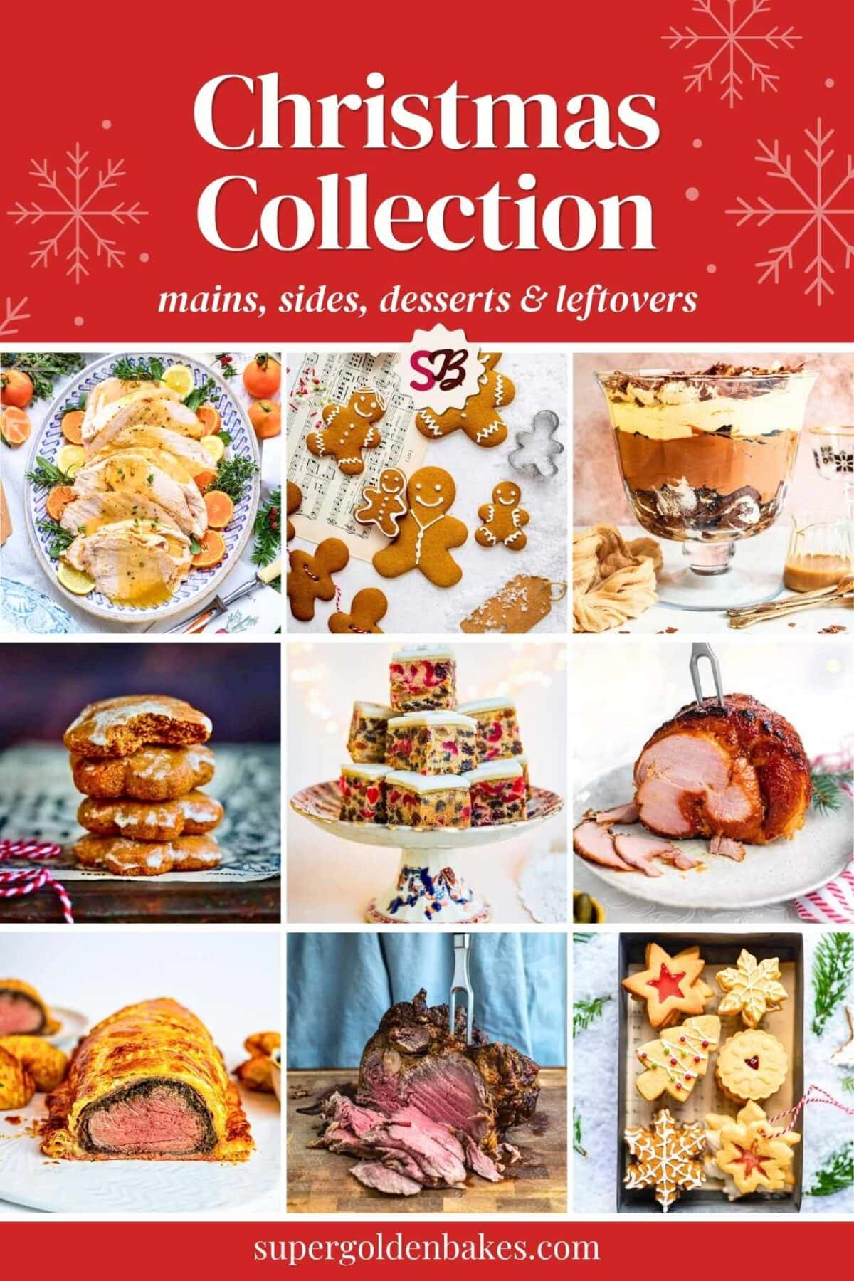 A collage of Christmas dishes including roast meats, decorated cookies, a festive cake, trifle and gingerbread, with the text Christmas Collection – mains, sides, desserts and leftovers.