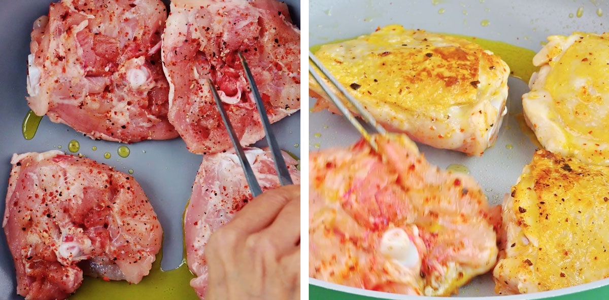 Raw chicken thighs seasoned with spices are placed in a pan on the left. On the right, chicken is being seared to golden brown in a skillet with oil using metal tongs.
