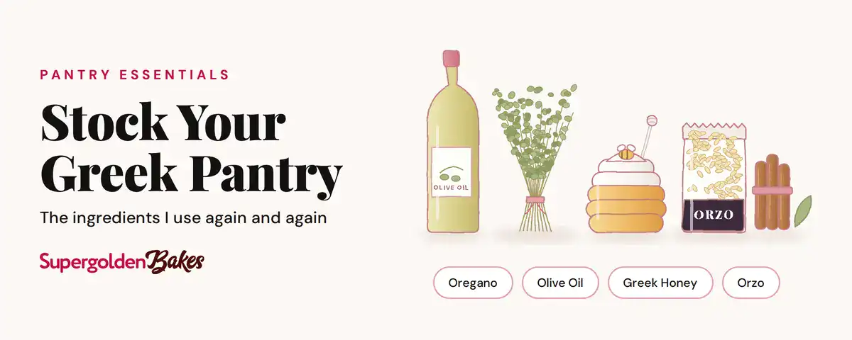 Illustration of Greek pantry essentials: olive oil, a bunch of dried oregano, a beehive jar of honey, a bag of orzo and cinnamon sticks