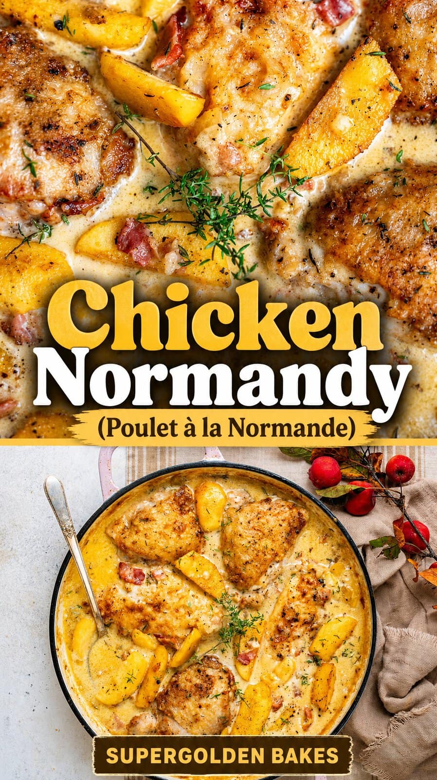 Golden brown chicken with apple slices in a creamy sauce, garnished with herbs and shown simmering in a skillet—a classic chicken Normandy (Poulet à la Normande). Text reads: Chicken Normandy (Poulet à la Normande) and Supergolden Bakes.