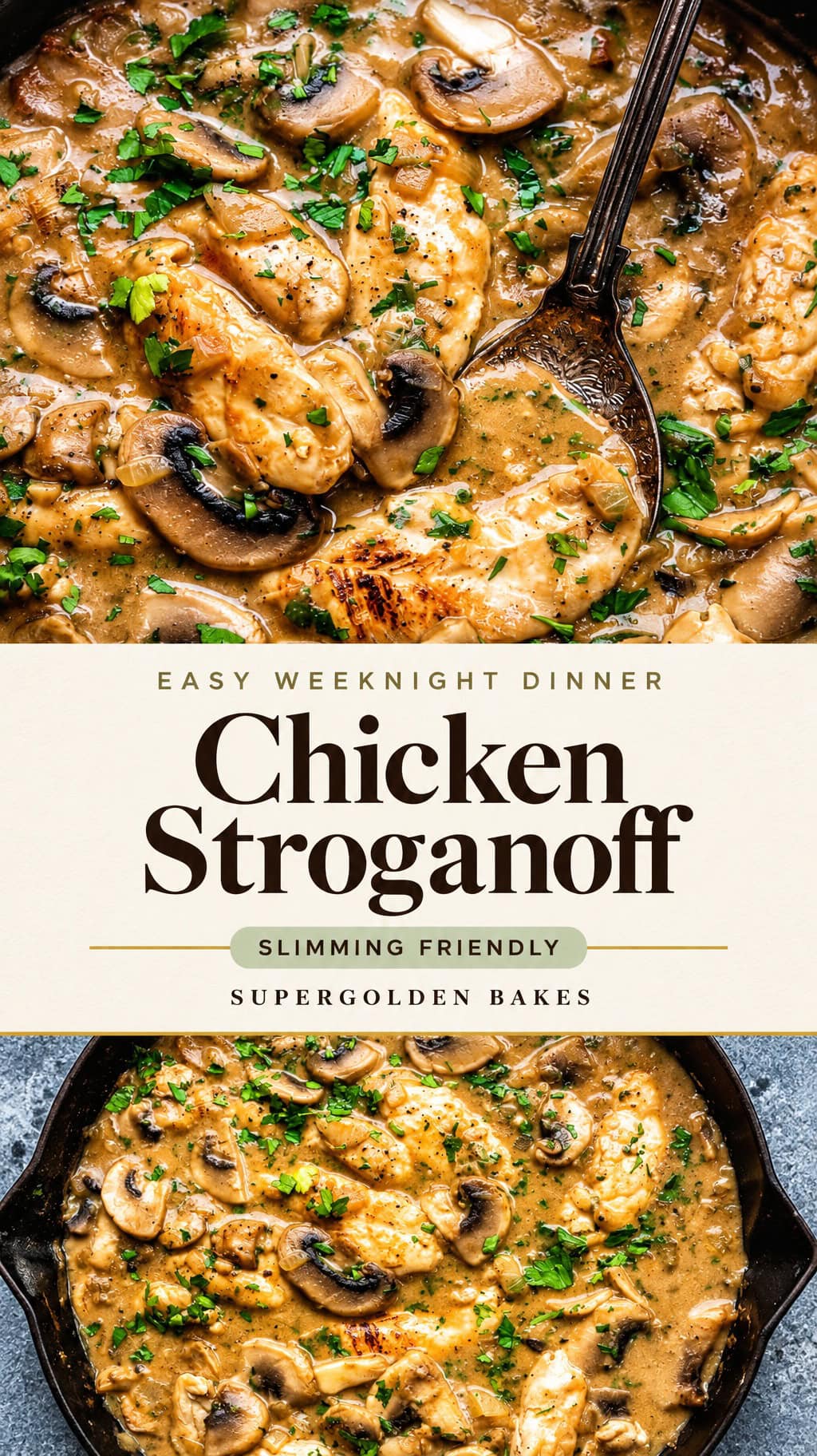 Skillet of creamy slimming-friendly chicken stroganoff with mushrooms and parsley, with text overlay reading Chicken Stroganoff – Easy Weeknight Dinner, Slimming Friendly
