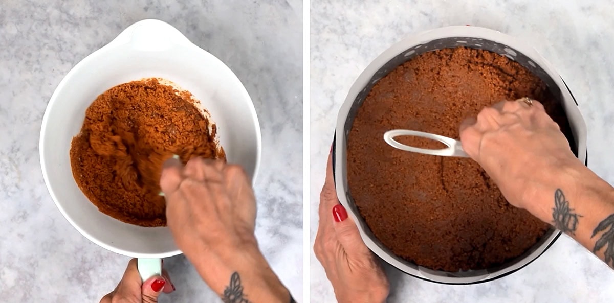 Mixing Biscoff cookie crumbs with melted butter, then pressing the crust into the base of a springform pan.