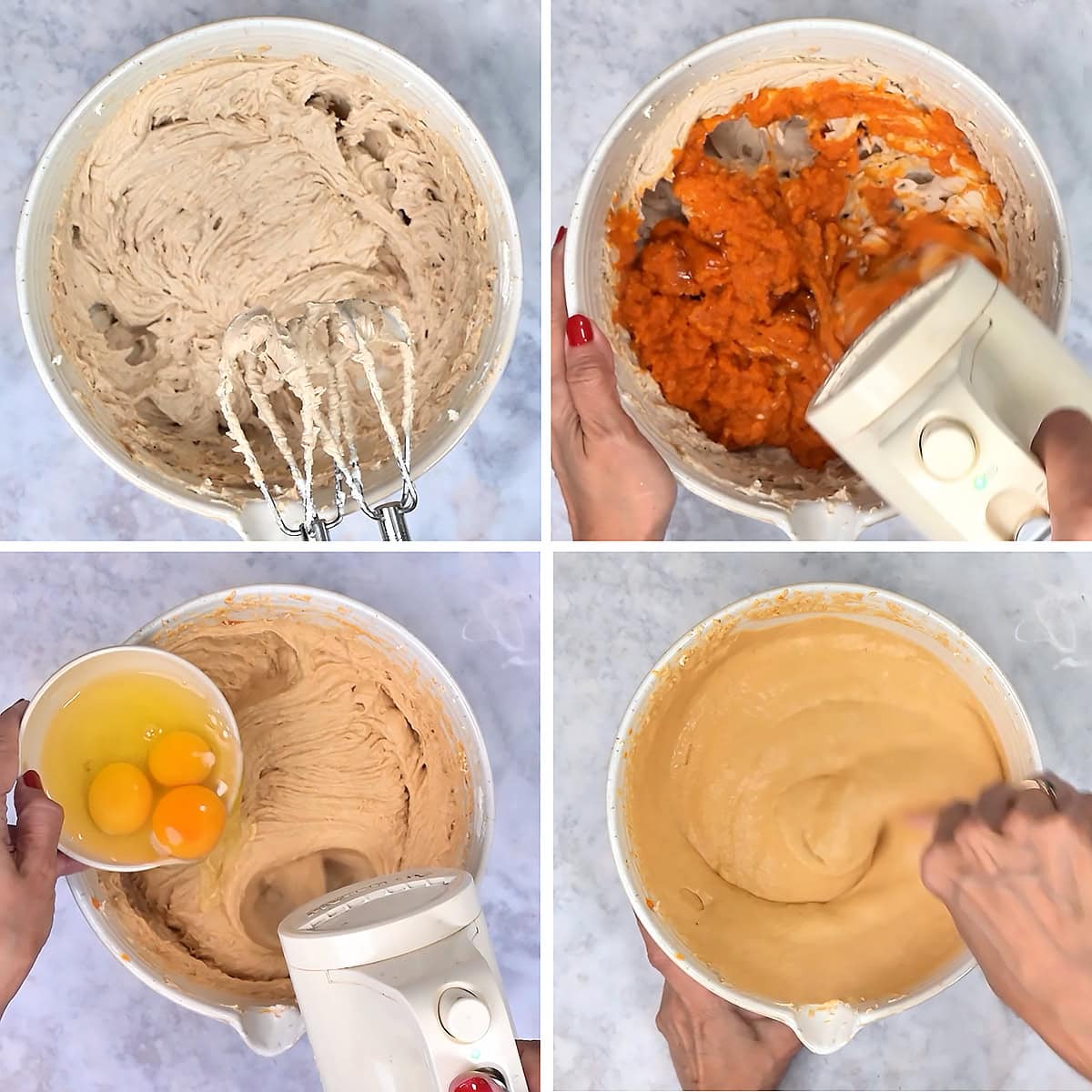 Making the pumpkin cheesecake filling with a hand mixer: beating the mascarpone and sugar, adding pumpkin purée, adding the eggs, and the finished smooth batter.